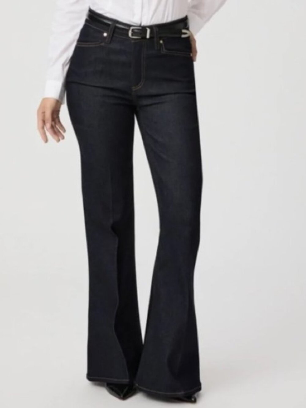 Paige Women’s Charlie Flare Jean High Rise Kira Dark Blue Wide Jean 28